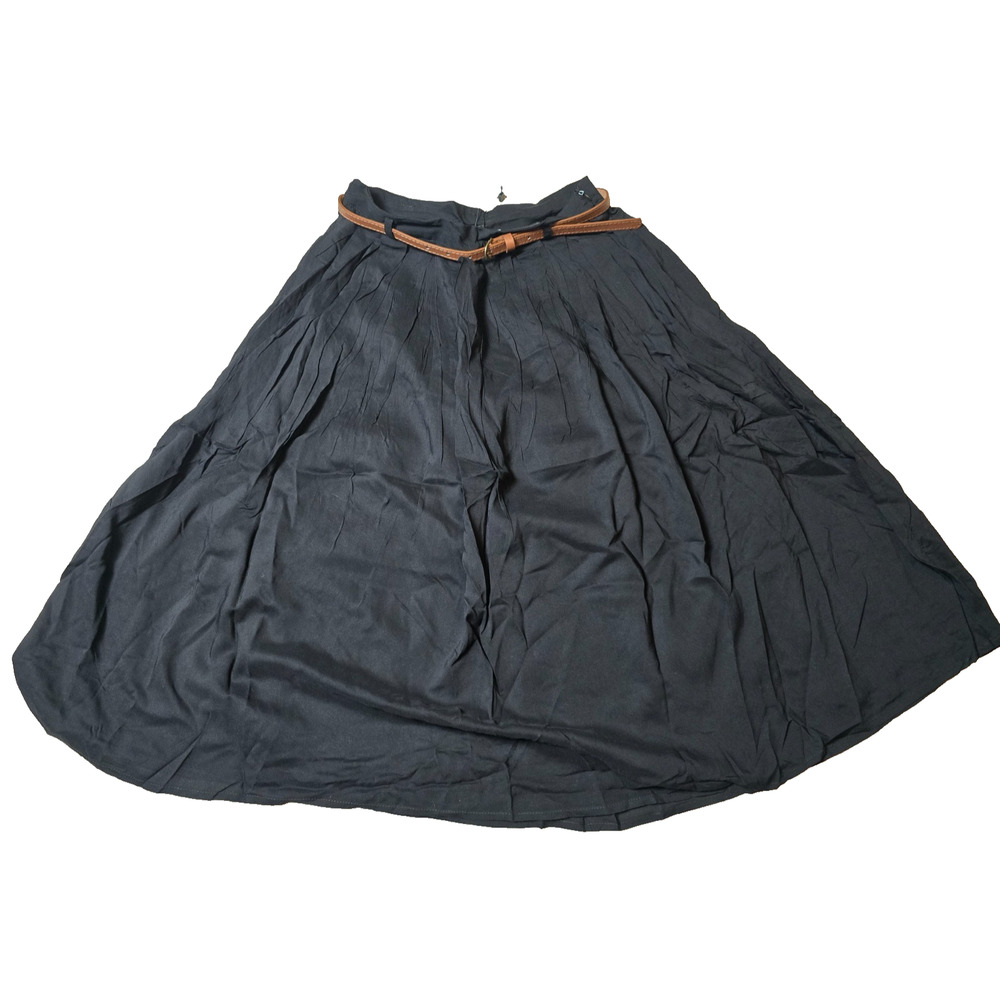 NWT Tulip B Black Cotton Midi A-Line Skirt Belted Lined Side Zip Size Small - Picture 3 of 8